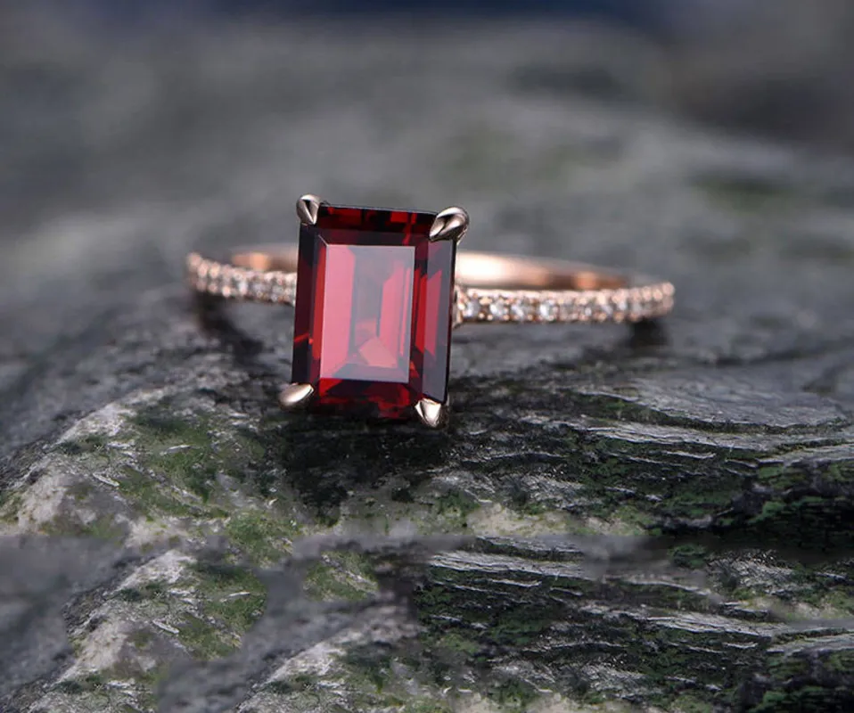 Red Garnet engagement ring-14k Rose gold-handmade real diamond bridal ring-Classic Design-8x6mm Emerald Cut gemstone promise ring-birthstone sold by Willwork Jewelry