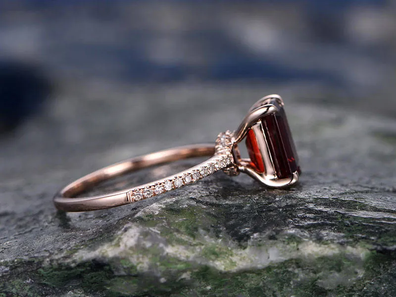 Red Garnet engagement ring-14k Rose gold-handmade real diamond bridal ring-Classic Design-8x6mm Emerald Cut gemstone promise ring-birthstone sold by Willwork Jewelry product image thumbnail 3