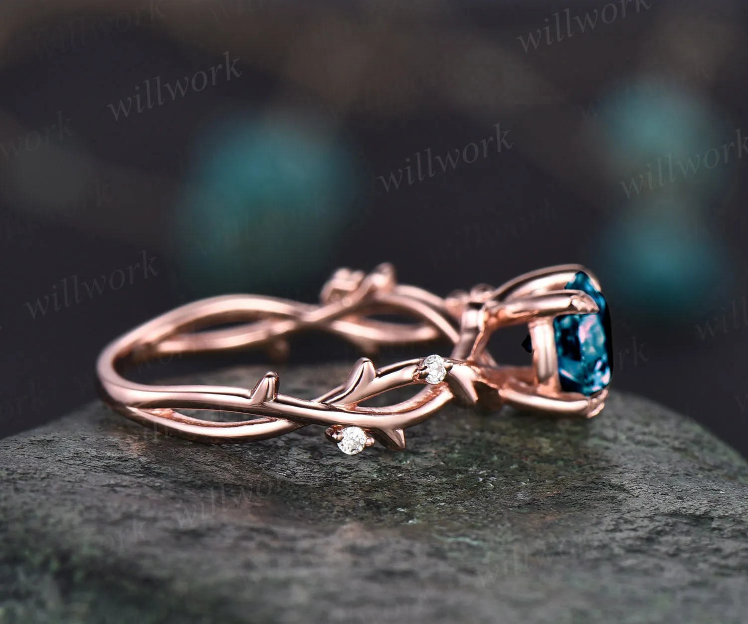 Round Alexandrite ring for women vintage Alexandrite engagement ring art deco rose gold bridal ring infinity leaf diamond ring promise ring sold by Willwork Jewelry product image thumbnail 5