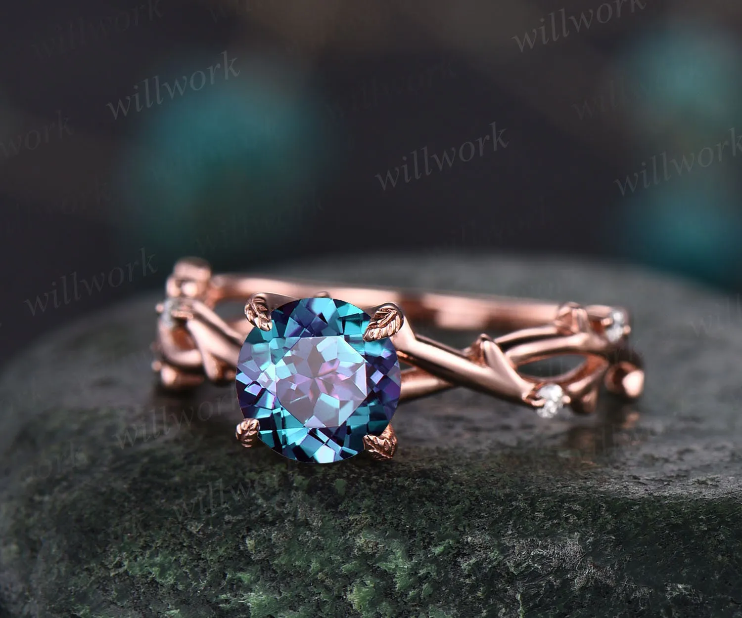 Round Alexandrite ring for women vintage Alexandrite engagement ring art deco rose gold bridal ring infinity leaf diamond ring promise ring sold by Willwork Jewelry product image thumbnail 3