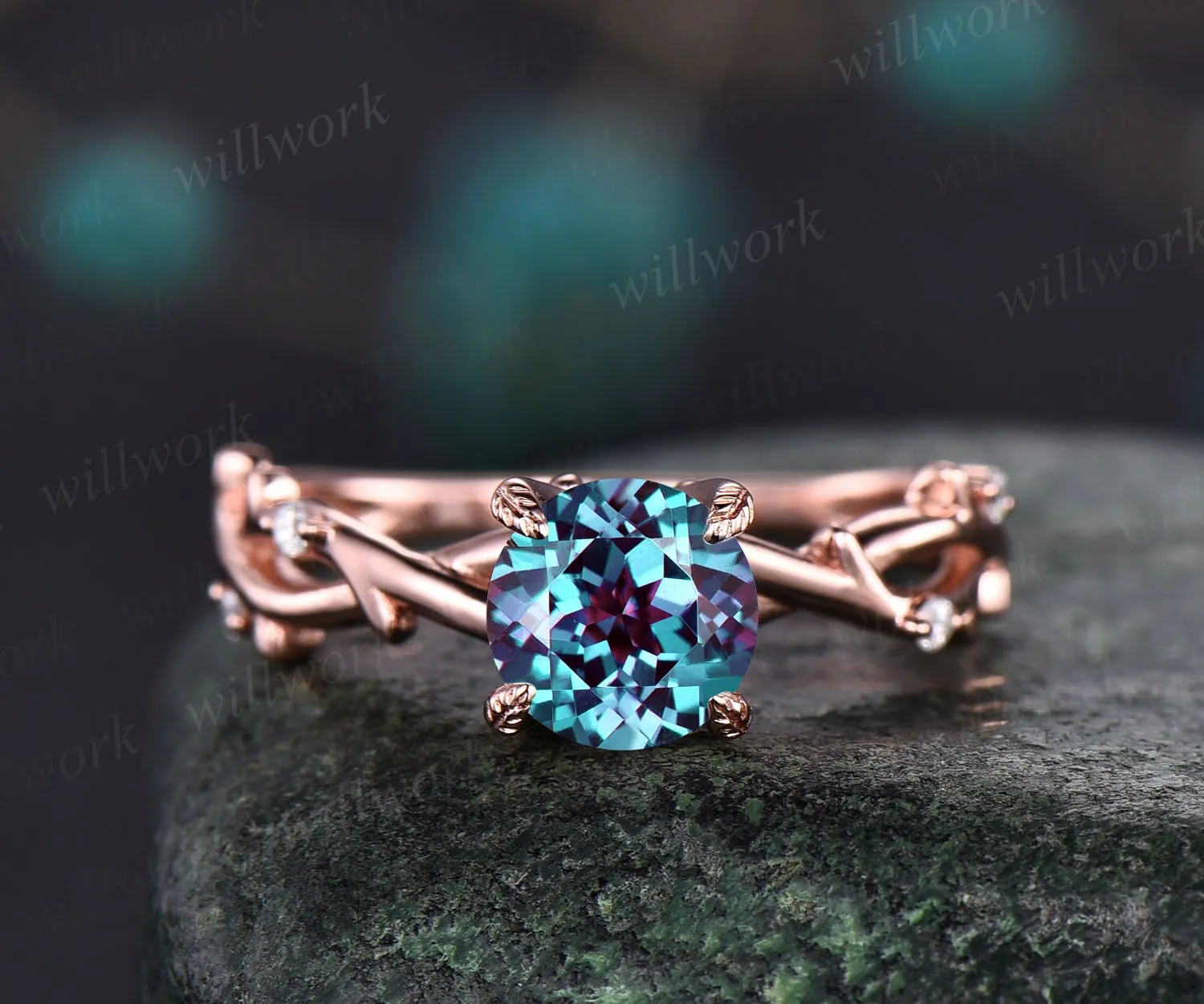 Round Alexandrite ring for women vintage Alexandrite engagement ring art deco rose gold bridal ring infinity leaf diamond ring promise ring sold by Willwork Jewelry product image thumbnail 4