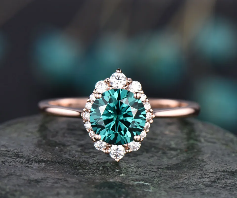 Cluster halo vintage unique engagement ring green moissanite engagement ring solid 14k rose gold wedding anniversary birthday gift jewelry sold by Willwork Jewelry