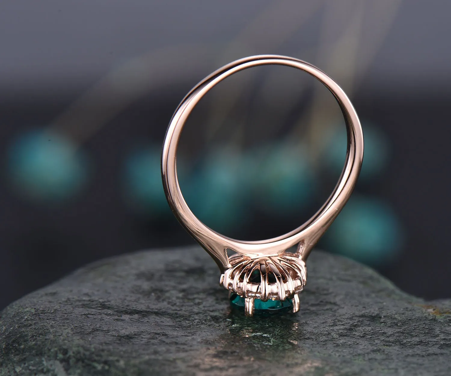 Cluster halo vintage unique engagement ring green moissanite engagement ring solid 14k rose gold wedding anniversary birthday gift jewelry sold by Willwork Jewelry product image thumbnail 4