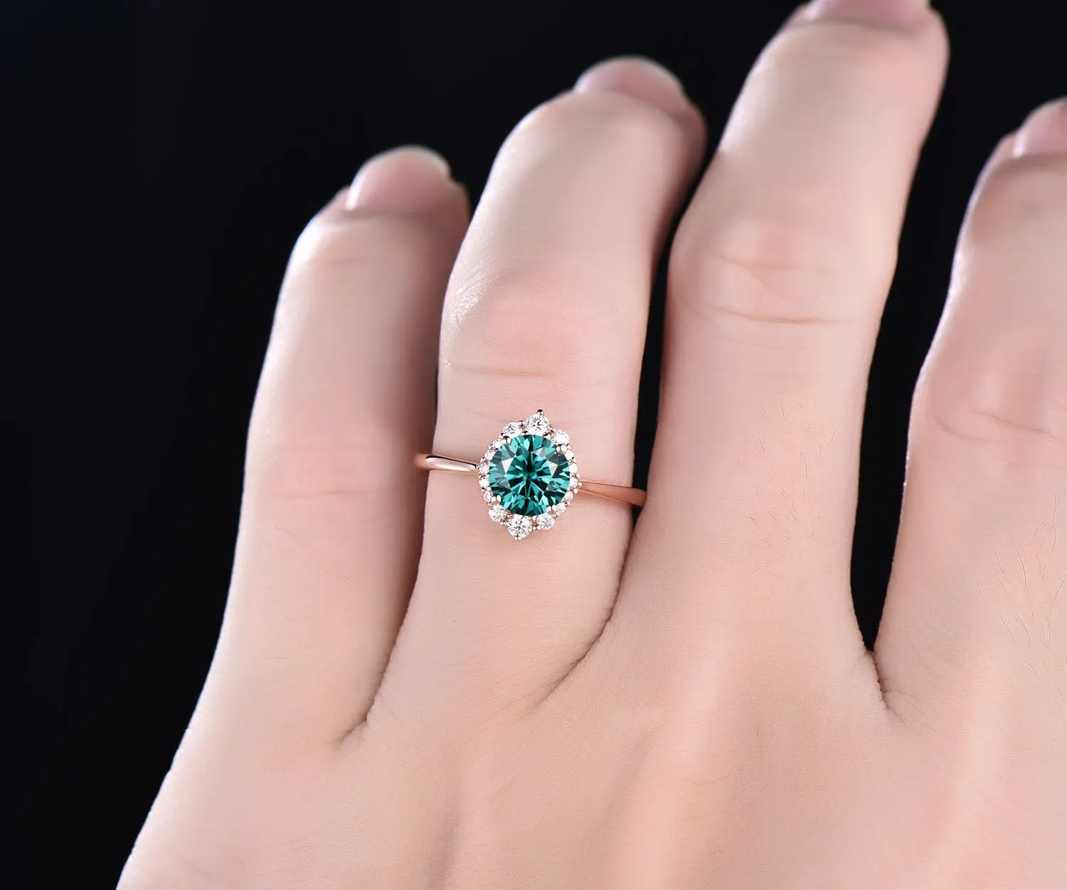 Cluster halo vintage unique engagement ring green moissanite engagement ring solid 14k rose gold wedding anniversary birthday gift jewelry sold by Willwork Jewelry product image thumbnail 3