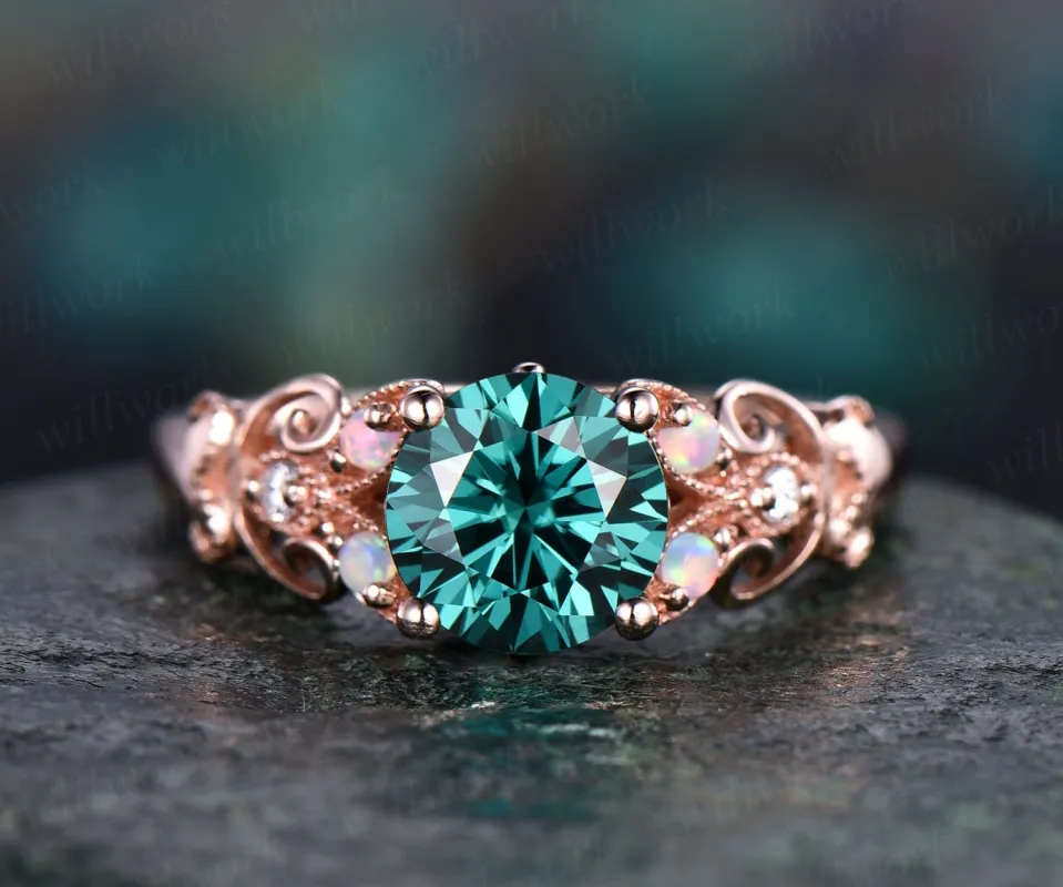 Unique vintage opal ring Colorful moissanite ring green moissanite engagement ring rose gold butterfly diamond ring wedding anniversary gift sold by Willwork Jewelry
