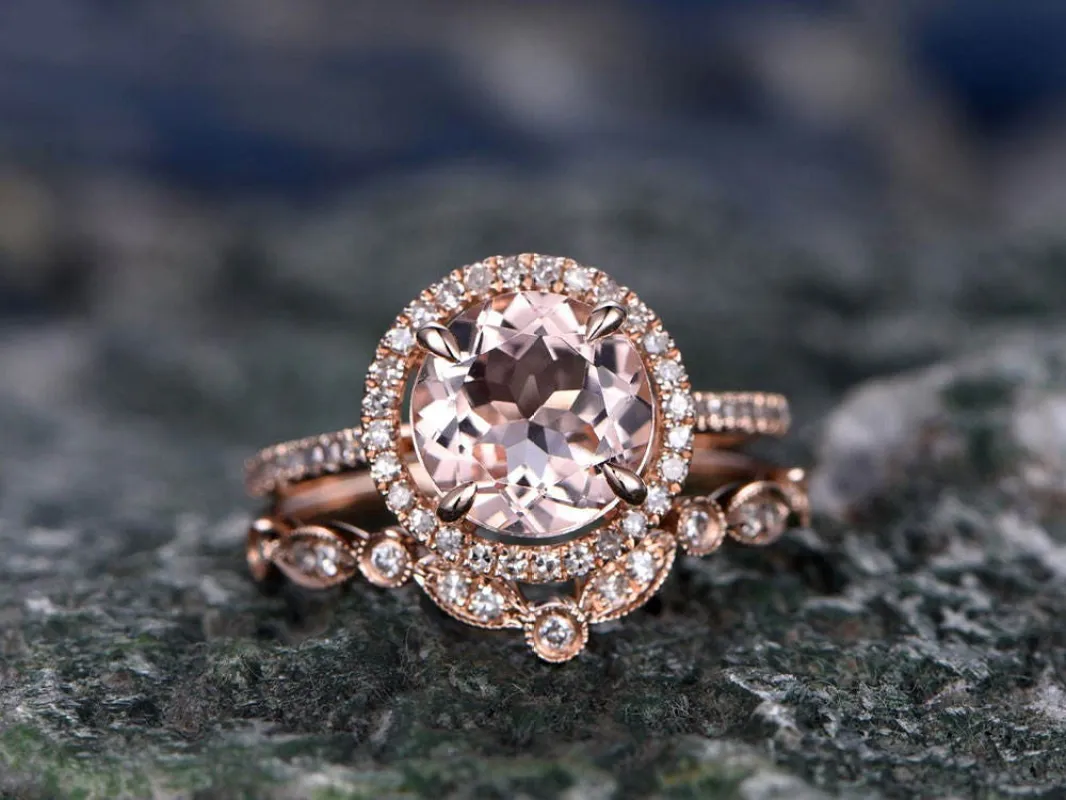 Morganite engagement ring- Solid 14k Rose gold ring-Real Diamond Ring-8mm Round gemstone promise ring-2pcs Bridal Ring set-halo wedding band made by Willwork Jewelry