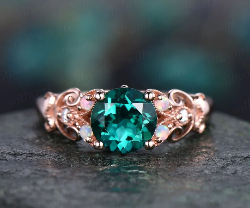 Unique vintage opal engagement ring emerald engagement ring rose gold butterfly diamond ring wedding anniversary gift May birthstone ring sold by Willwork Jewelry