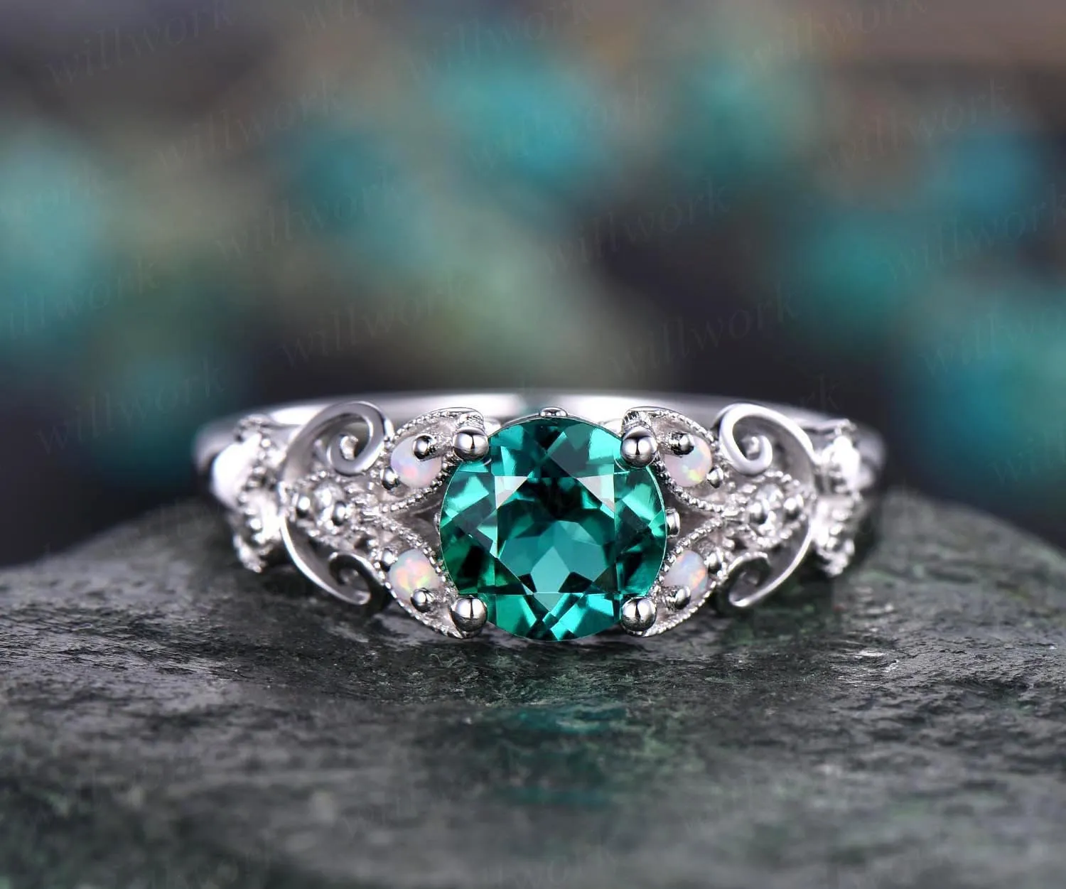 Unique vintage opal engagement ring emerald engagement ring rose gold butterfly diamond ring wedding anniversary gift May birthstone ring sold by Willwork Jewelry product image thumbnail 4