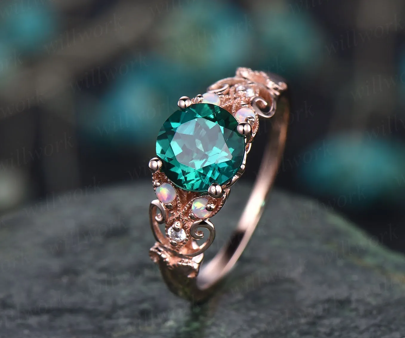 Unique vintage opal engagement ring emerald engagement ring rose gold butterfly diamond ring wedding anniversary gift May birthstone ring sold by Willwork Jewelry product image thumbnail 3