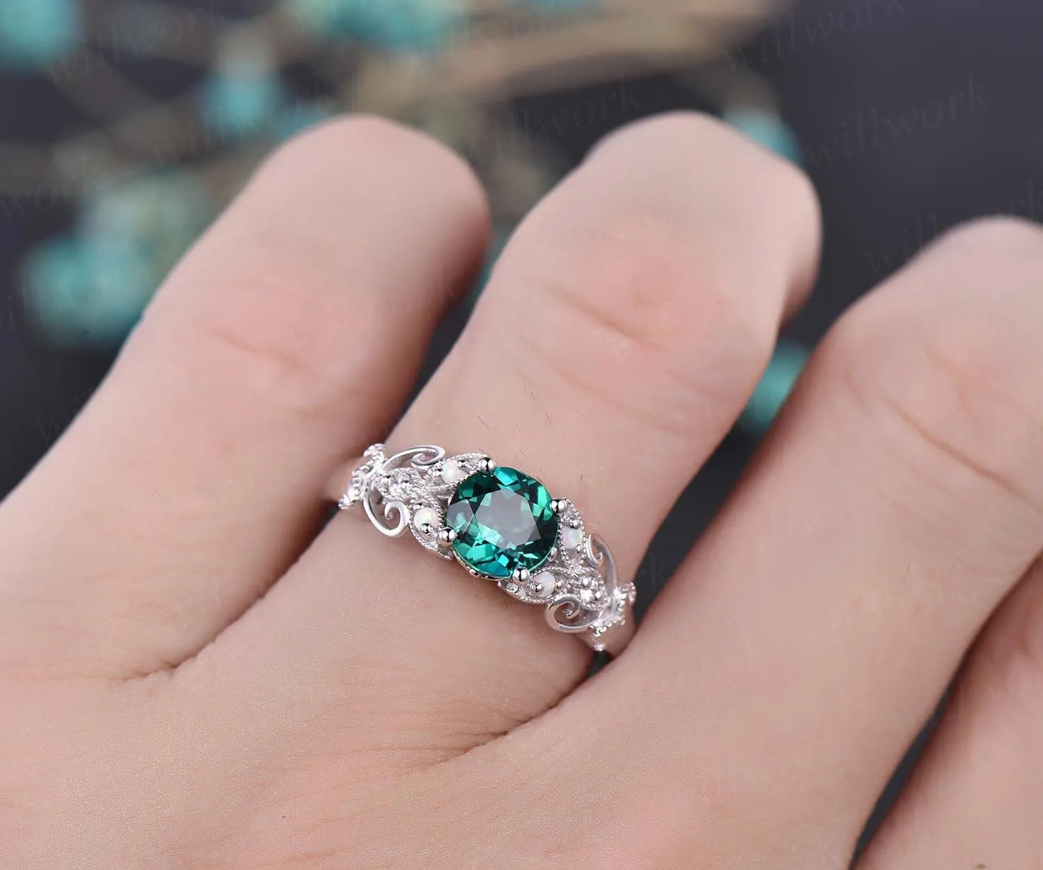 Unique vintage opal engagement ring emerald engagement ring rose gold butterfly diamond ring wedding anniversary gift May birthstone ring sold by Willwork Jewelry product image thumbnail 2