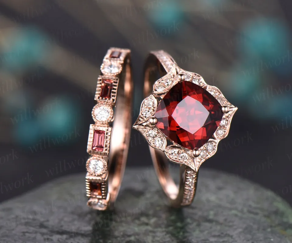 2pc red garnet engagement ring 14k rose gold garnet ring gold antique diamond halo ring garnet matching band January birthstone wedding ring sold by Willwork Jewelry