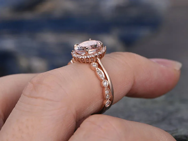 Morganite engagement ring set solid 14k rose gold ring real diamond ring unique oval flower open gap wedding promise ring bridal ring set sold by Willwork Jewelry product image thumbnail 5