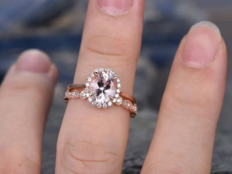 Morganite engagement ring set solid 14k rose gold ring real diamond ring unique oval flower open gap wedding promise ring bridal ring set sold by Willwork Jewelry product image thumbnail 2