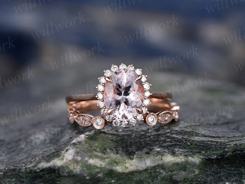 Morganite engagement ring set solid 14k rose gold ring real diamond ring unique oval flower open gap wedding promise ring bridal ring set sold by Willwork Jewelry product image thumbnail 3