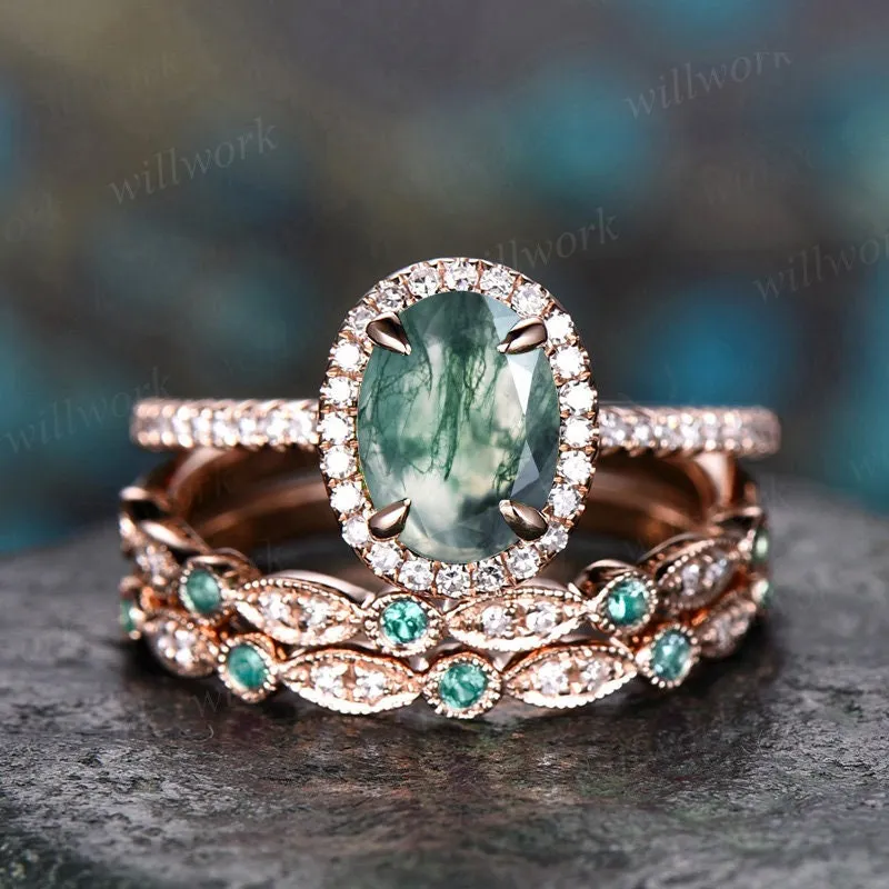 Moss agate ring set vintage moss agate engagement ring set halo moissanite ring set emerald ring set gold for women unique wedding ring set sold by Willwork Jewelry