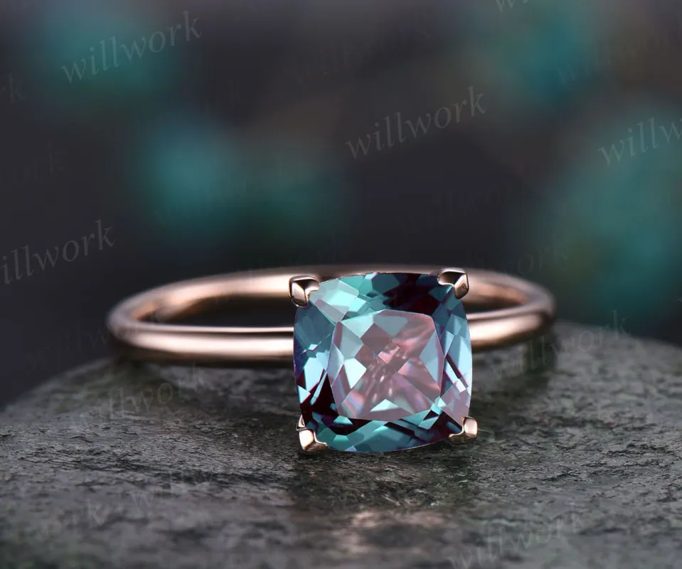 7mm cushion Alexandrite engagement ring vintage Alexandrite ring for women rose gold stacking solitaire ring custom jewelry birthstone ring sold by Willwork Jewelry