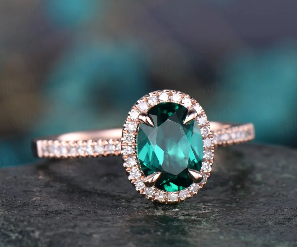 Emerald engagement ring 14k rose gold emerald ring vintage real diamond ring unique halo may birthstone promise wedding ring sold by Willwork Jewelry