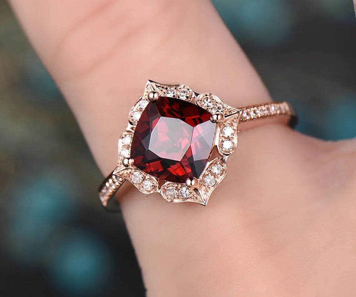 Red natural garnet engagement ring-Solid 14k Rose gold-handmade Diamond Wedding ring band -Stacking ring-7mm cushion shape gemstone-Floral sold by Willwork Jewelry product image thumbnail 2