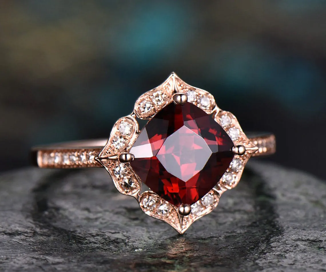 Red natural garnet engagement ring-Solid 14k Rose gold-handmade Diamond Wedding ring band -Stacking ring-7mm cushion shape gemstone-Floral sold by Willwork Jewelry product image thumbnail 5