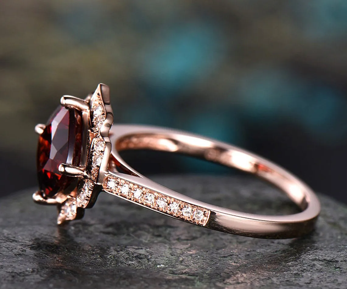 Red natural garnet engagement ring-Solid 14k Rose gold-handmade Diamond Wedding ring band -Stacking ring-7mm cushion shape gemstone-Floral sold by Willwork Jewelry product image thumbnail 4