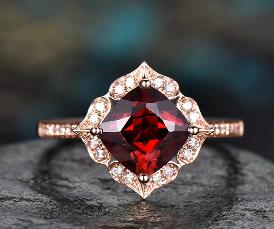 Red natural garnet engagement ring-Solid 14k Rose gold-handmade Diamond Wedding ring band -Stacking ring-7mm cushion shape gemstone-Floral sold by Willwork Jewelry