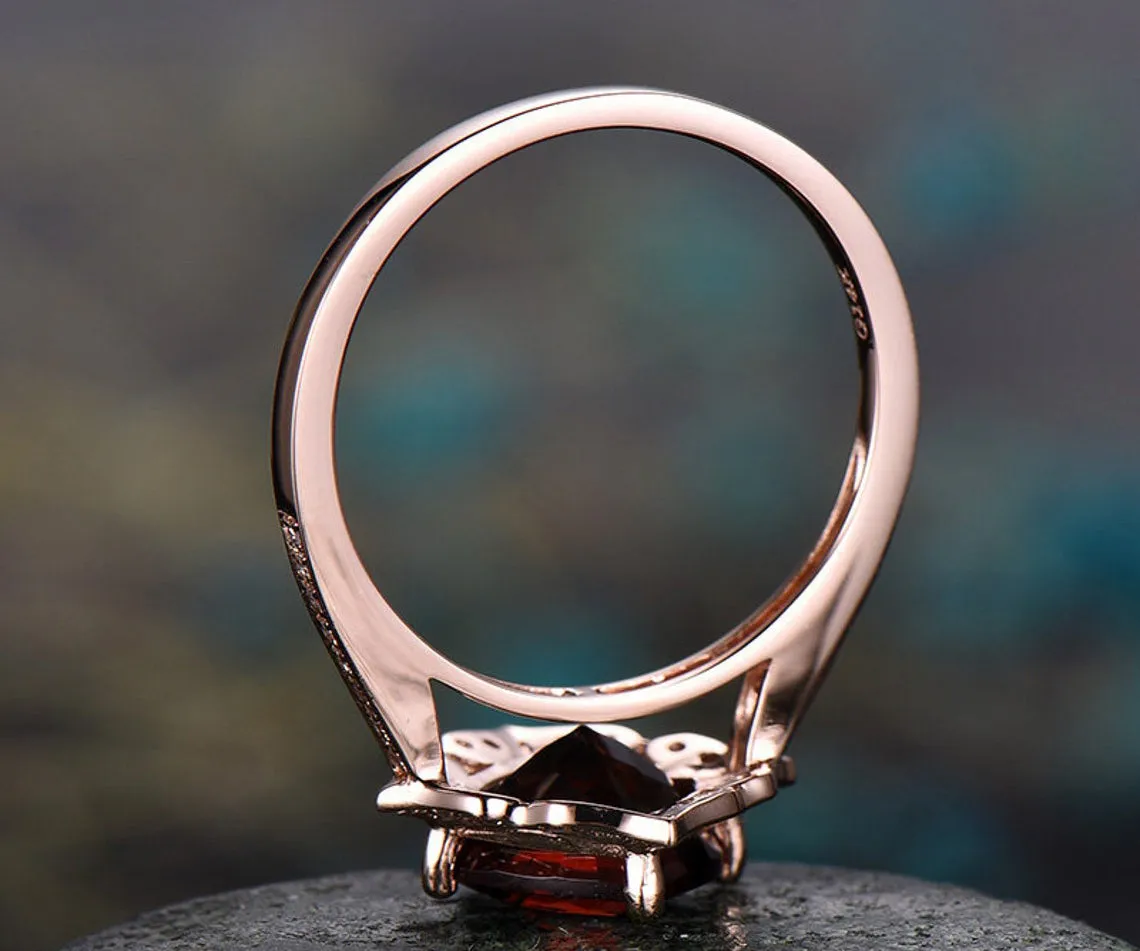 Red natural garnet engagement ring-Solid 14k Rose gold-handmade Diamond Wedding ring band -Stacking ring-7mm cushion shape gemstone-Floral sold by Willwork Jewelry product image thumbnail 3