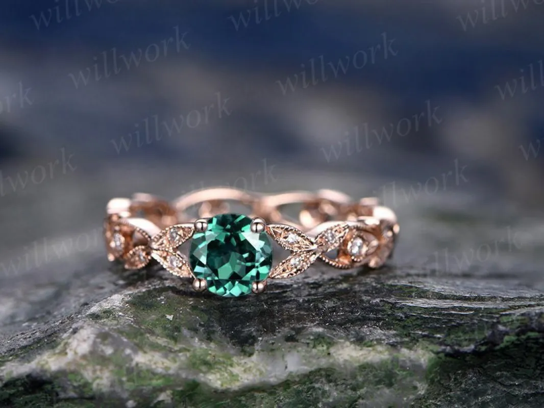 5mm emerald engagement ring rose gold emerald ring vintage full eternity diamond ring May birthstone unique gift bridal wedding promise ring sold by Willwork Jewelry