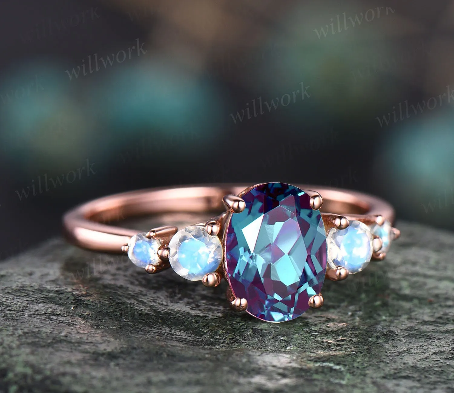 Alexandrite ring minimalist vintage unique oval Alexandrite engagement ring five stone moonstone ring gold silver for women wedding ring sold by Willwork Jewelry product image thumbnail 3