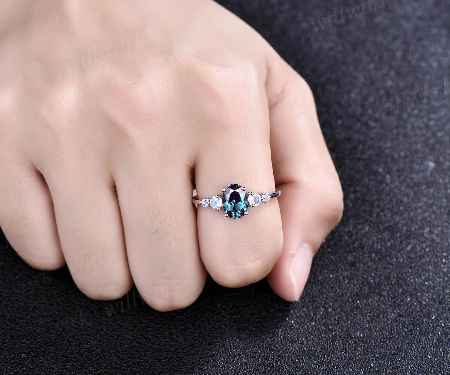 Alexandrite ring minimalist vintage unique oval Alexandrite engagement ring five stone moonstone ring gold silver for women wedding ring sold by Willwork Jewelry product image thumbnail 2