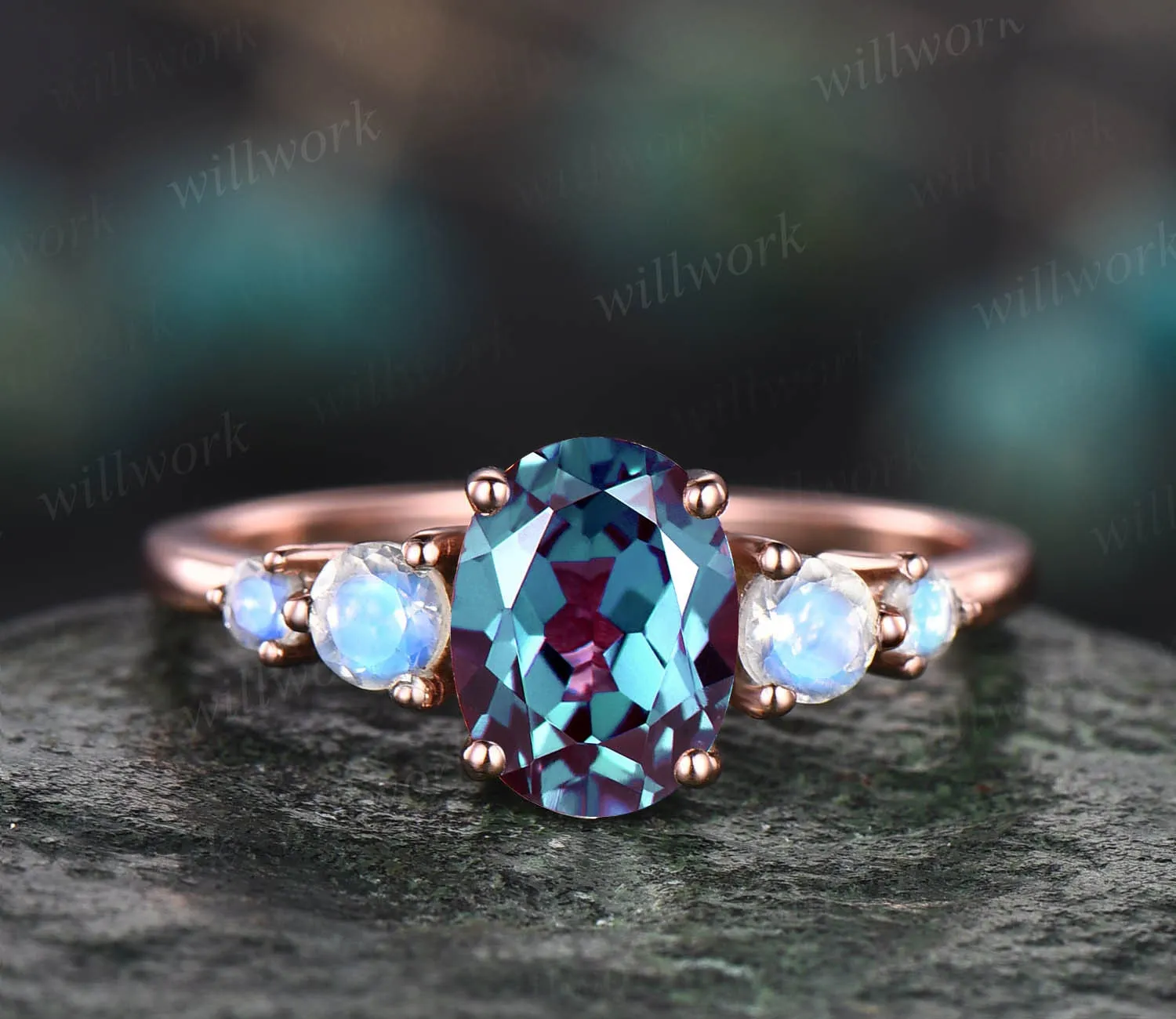 Alexandrite ring minimalist vintage unique oval Alexandrite engagement ring five stone moonstone ring gold silver for women wedding ring sold by Willwork Jewelry