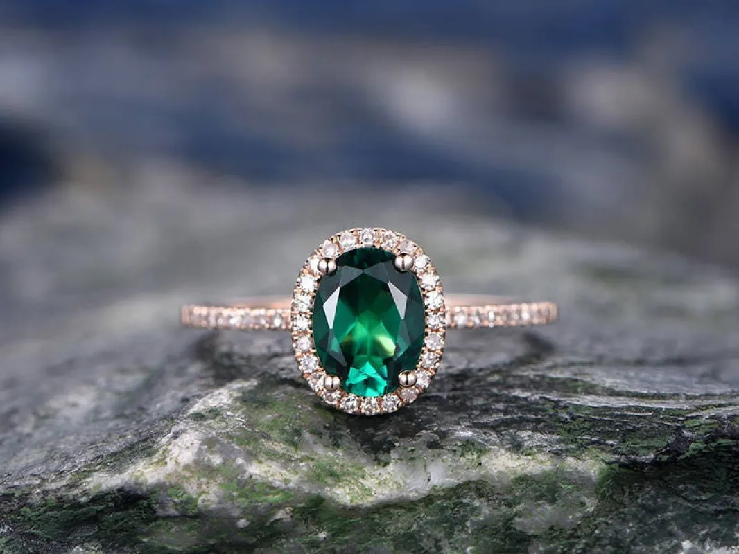 Oval cut green emerald engagement ring Halo engagement ring rose gold handmade diamond ring May birthstone ring halo ring anniversary ring made by Willwork Jewelry