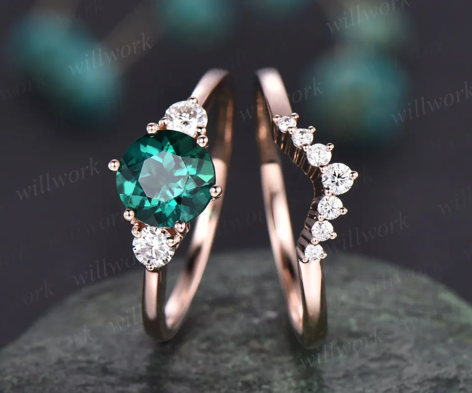 2pcs round emerald engagement ring set emerald rings for women vintage emerald bridal set solid 14k rose gold moissanite ring jewelry gift sold by Willwork Jewelry