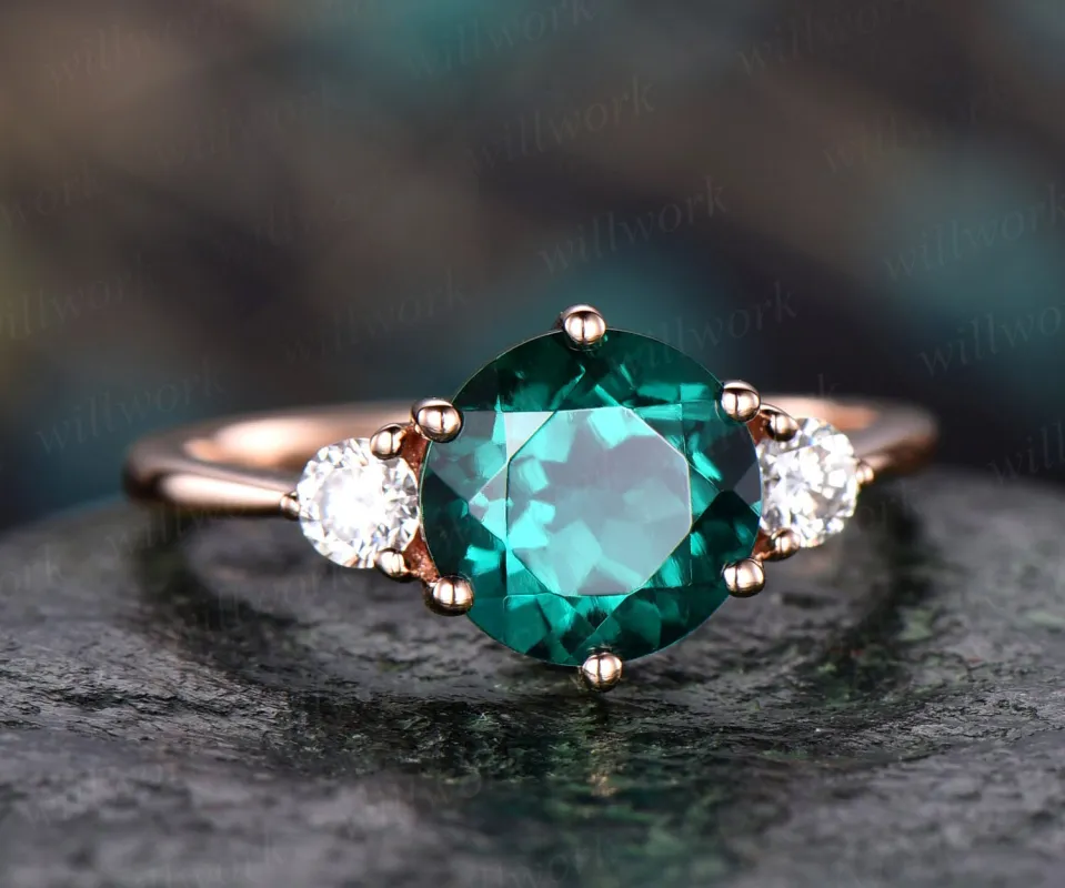 Green emerald ring vintage moissanite engagement ring three stone emerald engagement ring 14k 18k rose gold anniversary wedding bridal ring sold by Willwork Jewelry
