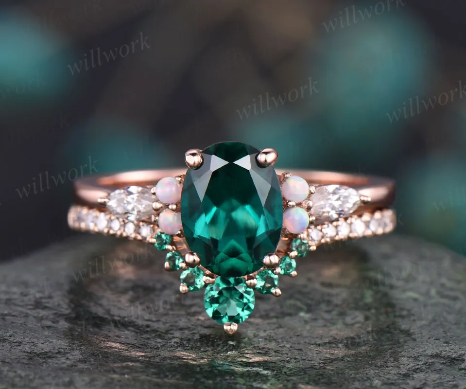 Vintage emerald engagement ring set 2pcs oval  emerald ring set for women opal ring diamond ring set rose gold emerald wedding bridal set sold by Willwork Jewelry