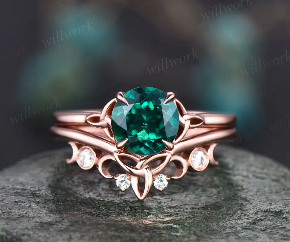 Round emerald engagement ring set vintage unique solitaire 14k rose gold engagement ring Norse Viking ring moissanite wedding ring for women sold by Willwork Jewelry