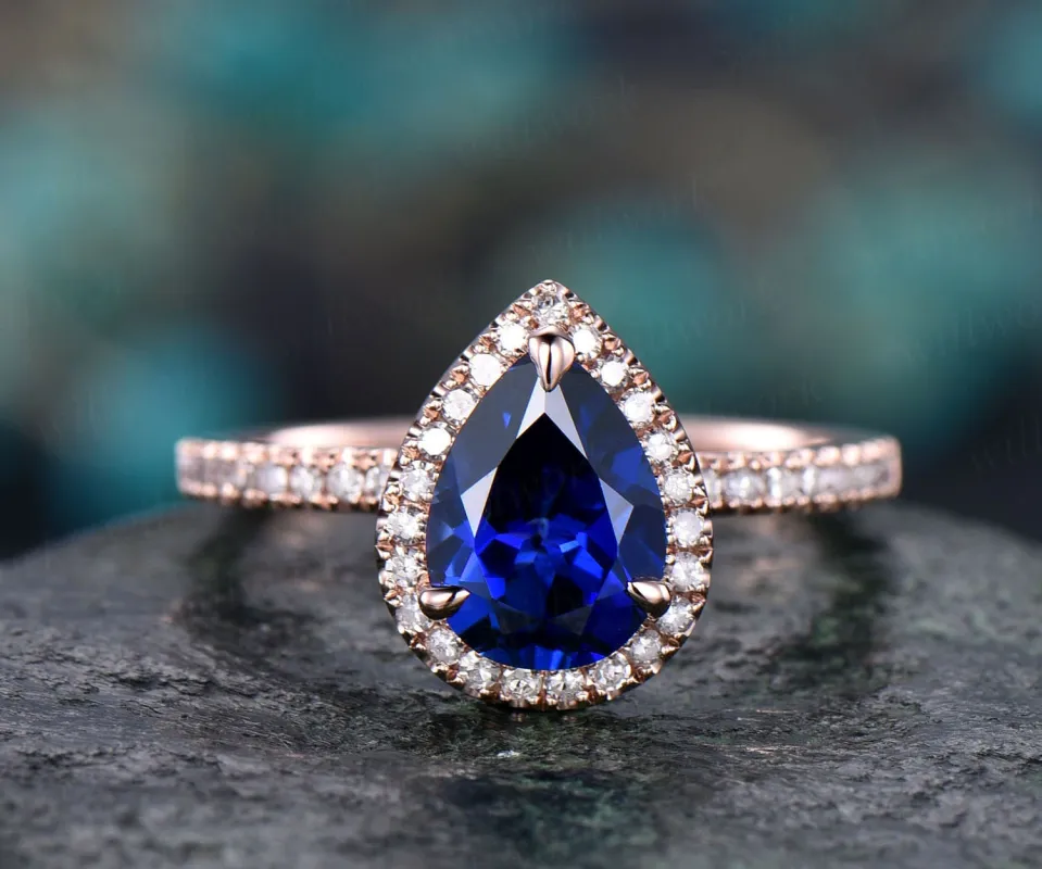 6x8mm sapphire engagement ring 14k rose gold real diamond halo ring Lab sapphire ring gold anniversary wedding women promise ring jewelry made by Willwork Jewelry