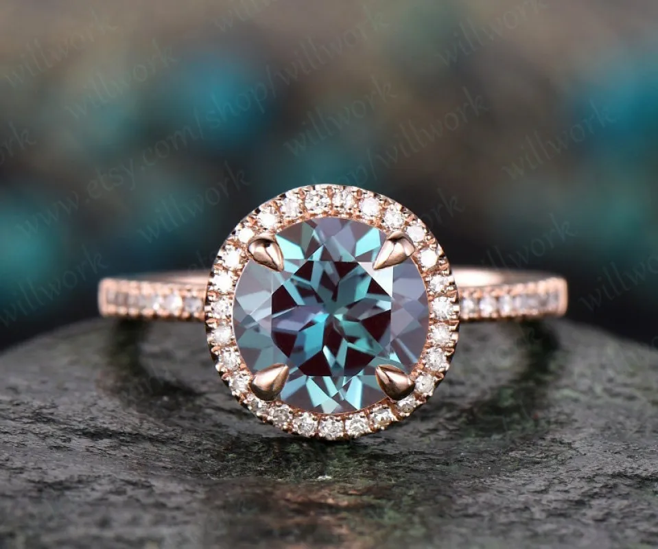 Diamond halo ring Alexandrite engagement ring rose gold 8mm round cut Alexandrite ring gold vintage June birthstone ring anniversary ring sold by Willwork Jewelry