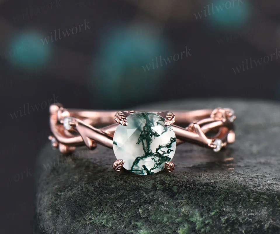 Round moss agate ring for women vintage moss agate engagement ring leaf diamond ring dainty rose gold antique anniversary bridal ring gift sold by Willwork Jewelry
