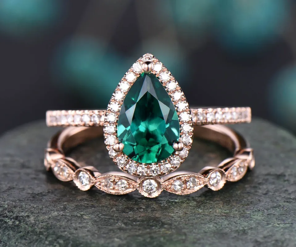 6x9mm pear teardrop emerald engagement ring set rose gold 2pcs emerald ring vintage May birthstone graduation  anniversary gift halo ring sold by Willwork Jewelry