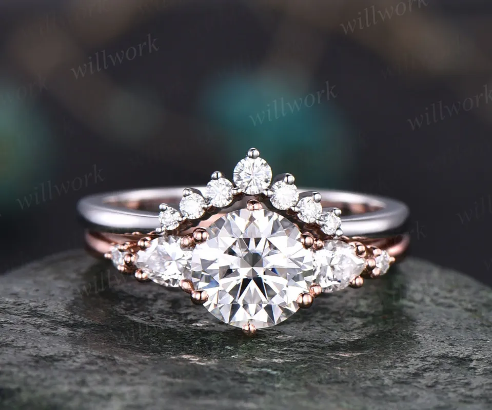 Unique moissanite engagement ring set five stone vintage rose gold ring for women dainty wedding promise anniversary bridal ring set women sold by Willwork Jewelry