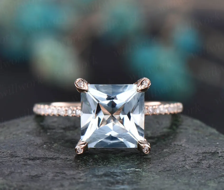 Princess cut aquamarine engagement ring 14k rose gold diamond halo basket ring natural aquamarine ring vintage March birthstone wedding ring sold by Willwork Jewelry