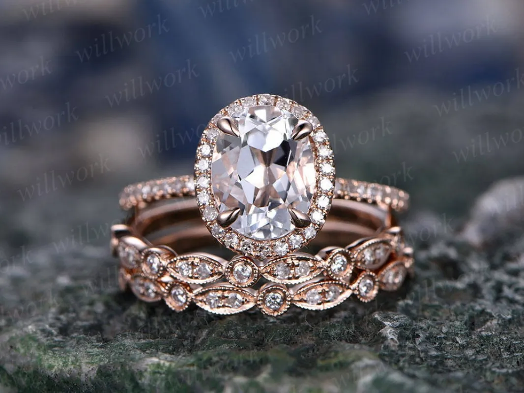 Morganite engagement ring set rose gold ring diamond halo oval 3pcs matching unique antique marquise wedding bridal promise ring set for her made by Willwork Jewelry