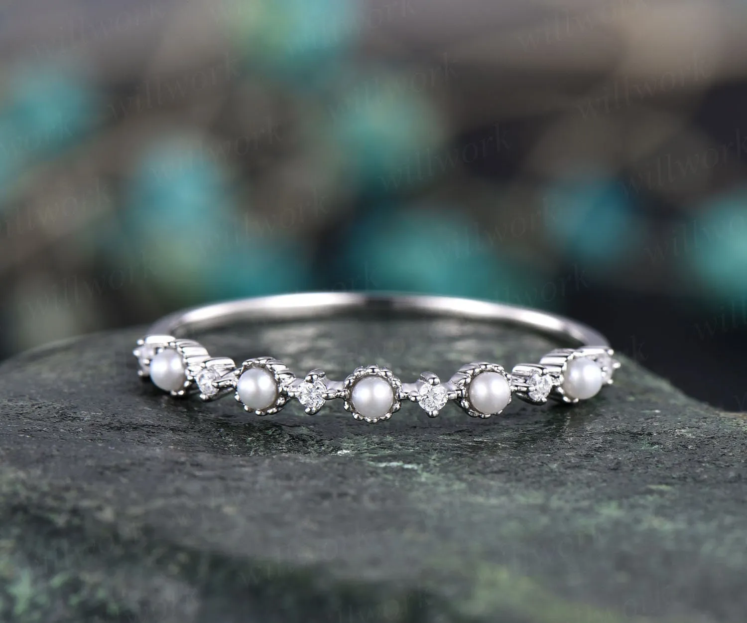 Fresh water pearl ring moissanite wedding band unique pearl ring stackable matching ring white/yellow/rose gold wedding anniversary gift sold by Willwork Jewelry product image thumbnail 3