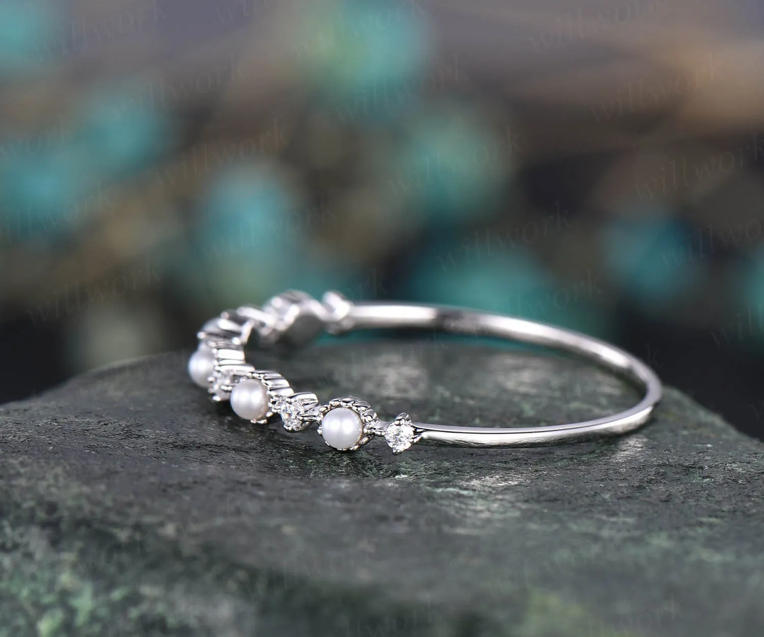 Fresh water pearl ring moissanite wedding band unique pearl ring stackable matching ring white/yellow/rose gold wedding anniversary gift sold by Willwork Jewelry product image thumbnail 5