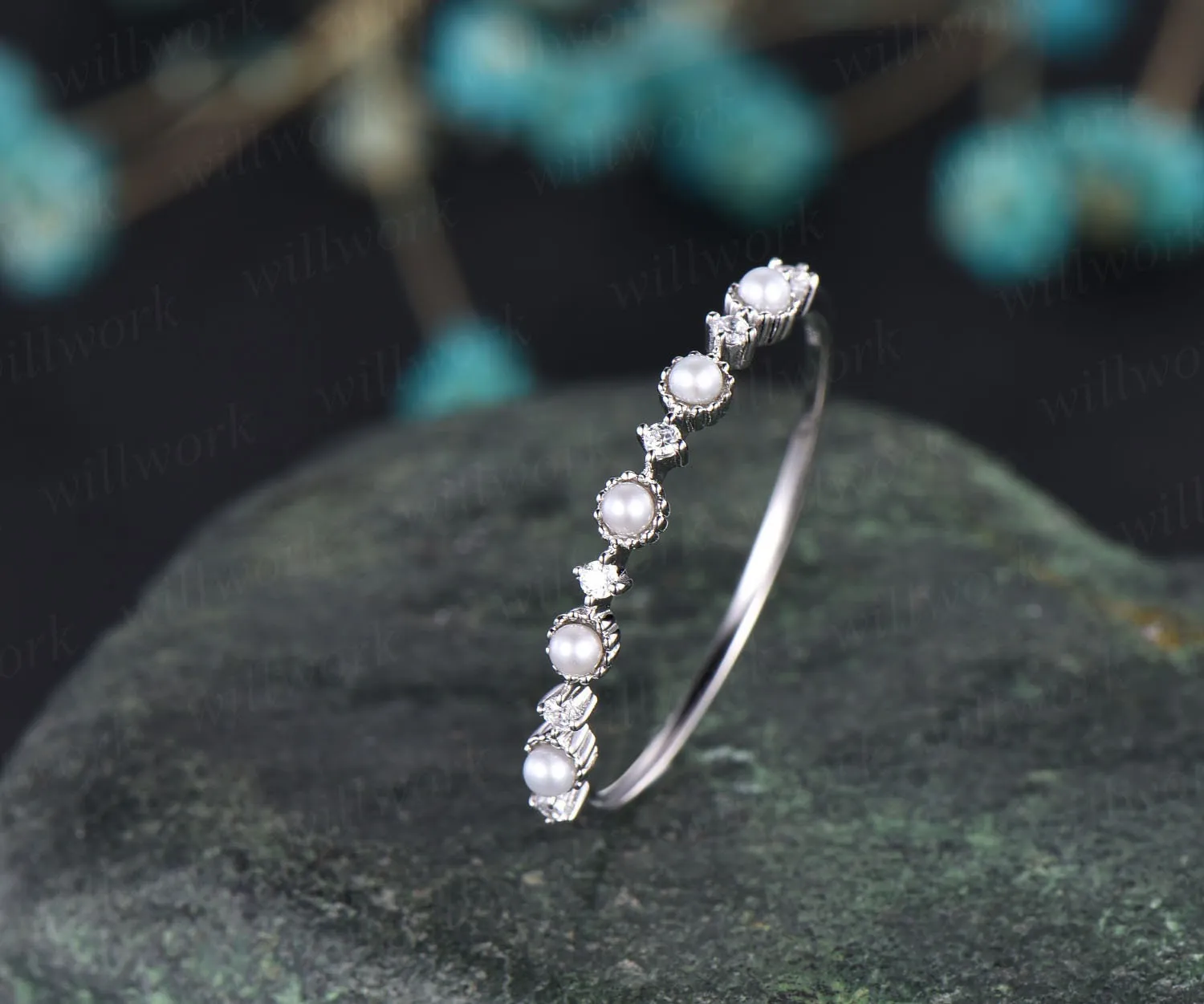 Fresh water pearl ring moissanite wedding band unique pearl ring stackable matching ring white/yellow/rose gold wedding anniversary gift sold by Willwork Jewelry product image thumbnail 4