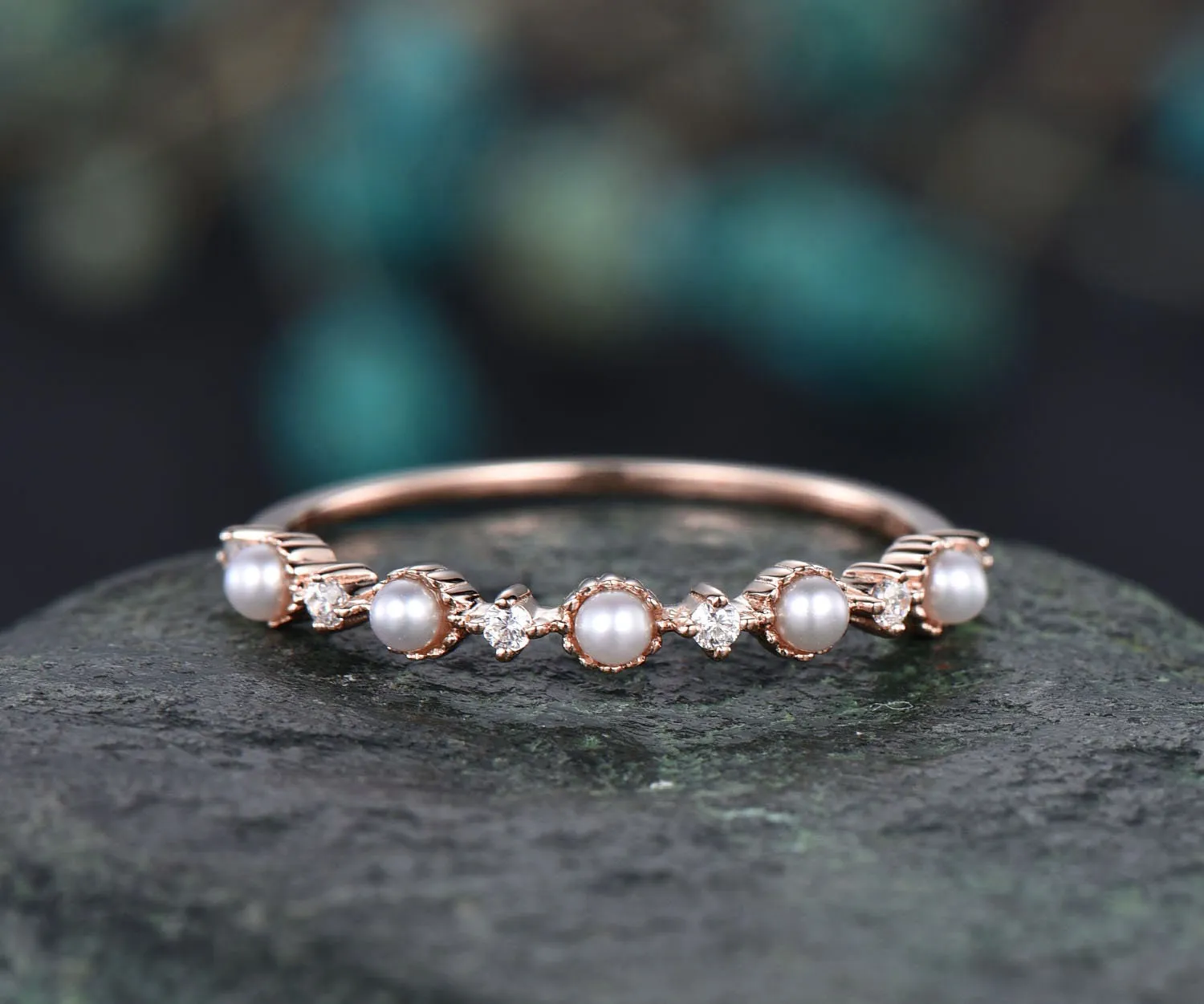 Fresh water pearl ring moissanite wedding band unique pearl ring stackable matching ring white/yellow/rose gold wedding anniversary gift sold by Willwork Jewelry