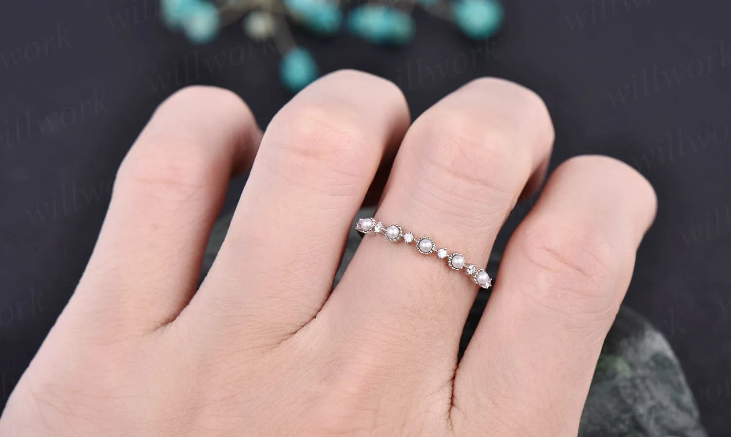 Fresh water pearl ring moissanite wedding band unique pearl ring stackable matching ring white/yellow/rose gold wedding anniversary gift sold by Willwork Jewelry product image thumbnail 2