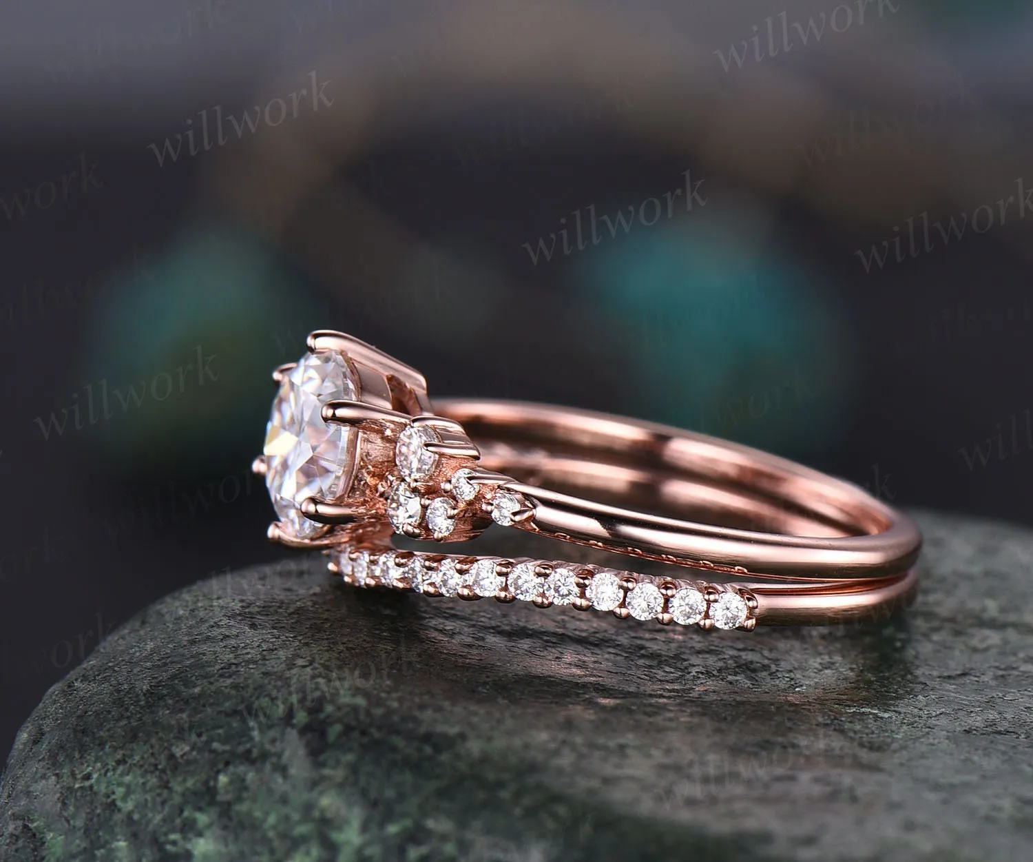 Cluster vintage moissanite engagement ring set rose gold half eternity round cut wedding ring set unique anniversary ring set for her women sold by Willwork Jewelry product image thumbnail 4