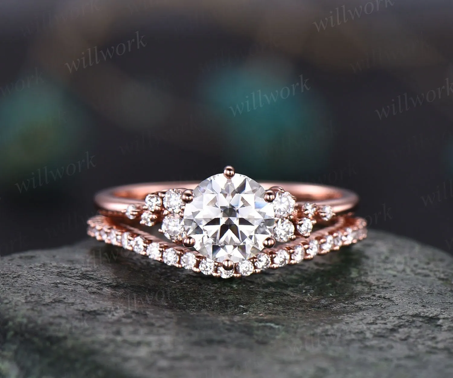Cluster vintage moissanite engagement ring set rose gold half eternity round cut wedding ring set unique anniversary ring set for her women sold by Willwork Jewelry