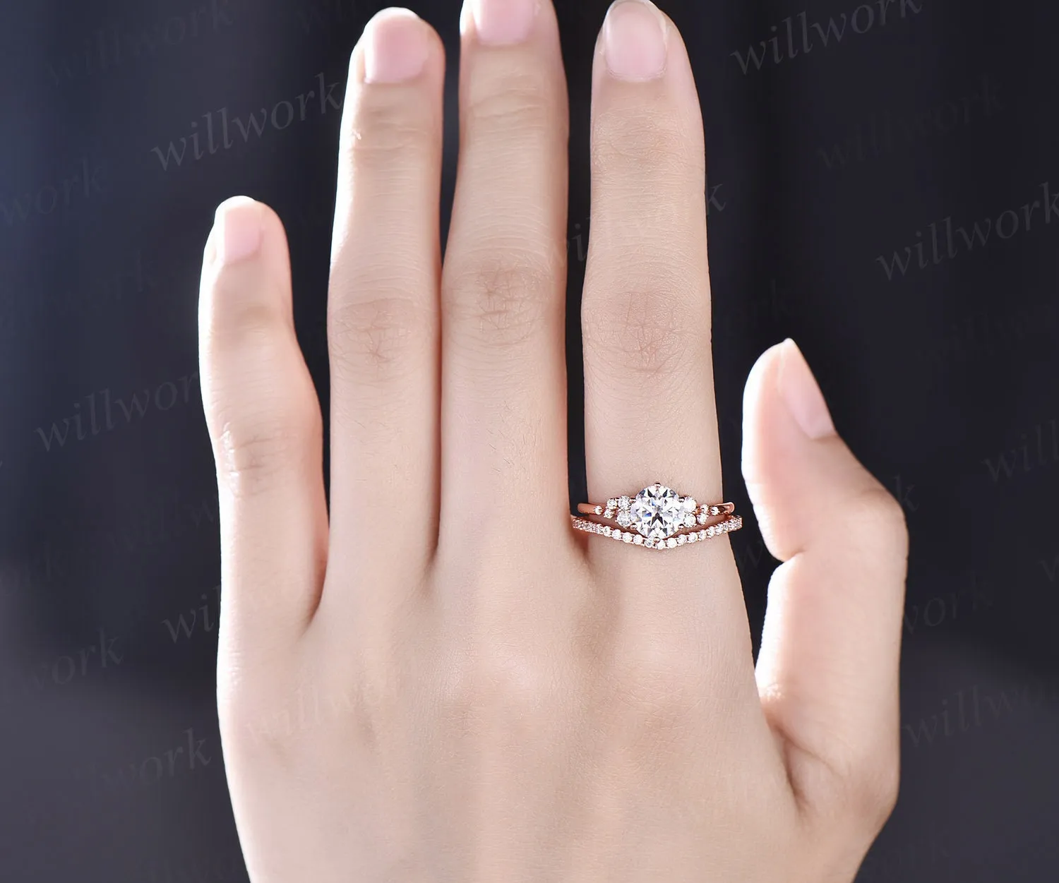 Cluster vintage moissanite engagement ring set rose gold half eternity round cut wedding ring set unique anniversary ring set for her women sold by Willwork Jewelry product image thumbnail 2
